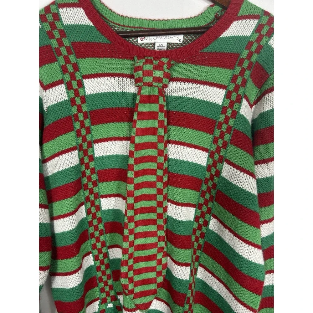 Jolly Mens Dorky Suspenders &‎ Tie Ugly Christmas Sweater Size L Elbow Patches